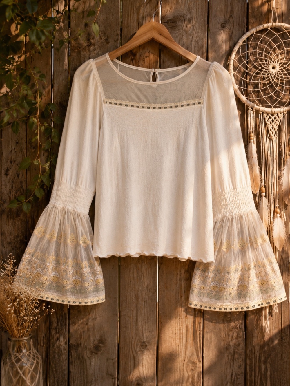 Free People Cream Embroidered Bell Sleeve Sheer Yoke Top